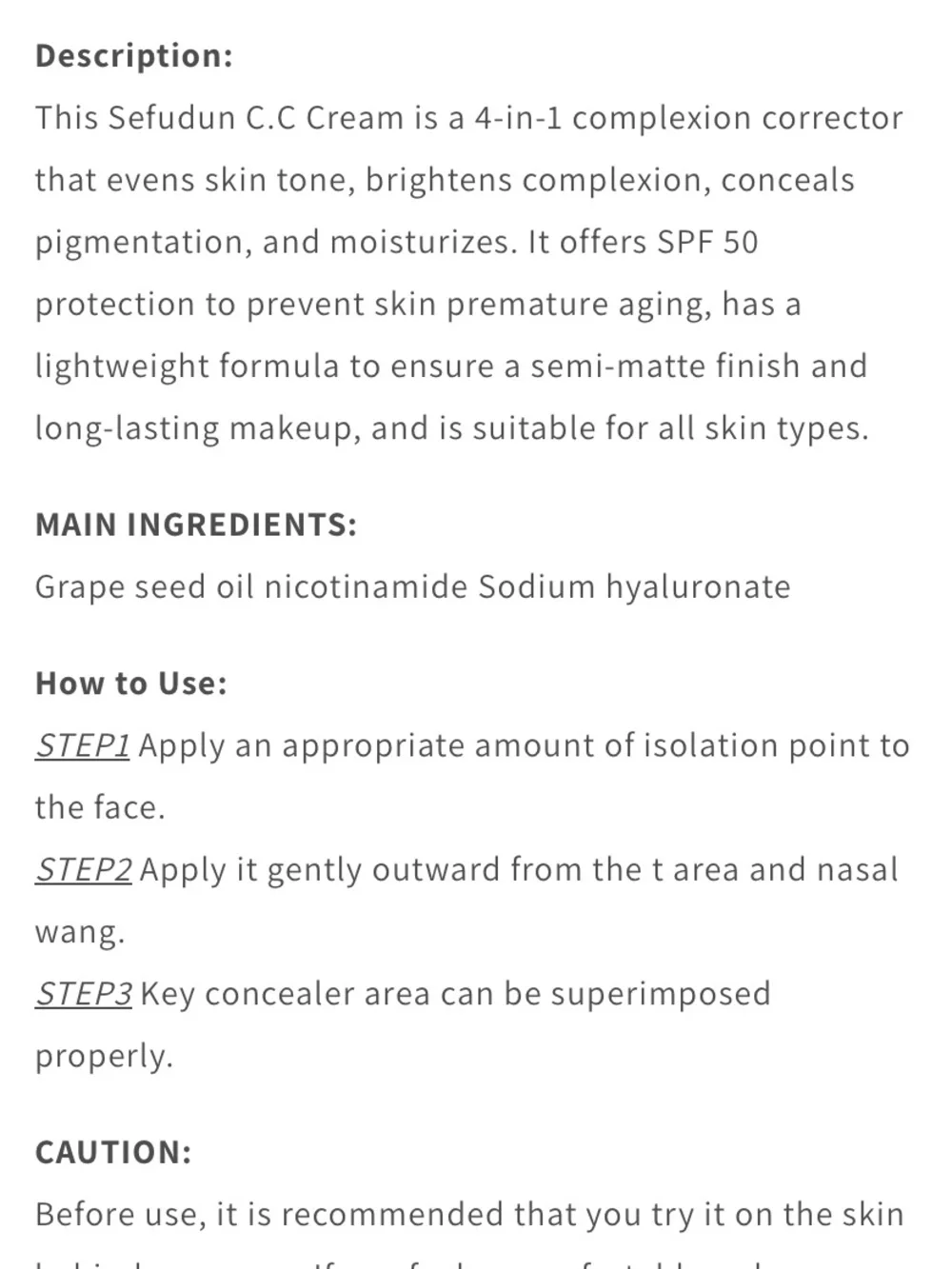 This Sefudun C.C Cream is a 4-in-1 complexion corrector that evens complexion